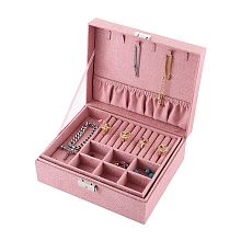 Honeyhandy Velvet & Wood Jewelry Boxes, Portable Jewelry Storage Case, with Alloy Lock, for Ring Earrings Necklace, Rectangle, Pink, 23.1x18.7x9.1cm