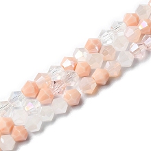 Honeyhandy Electroplate Glass Beads Strands, Opaque & Transparent & AB Color Plated, Faceted, Bicone, Pink, 4x4.5mm, Hole: 0.9mm, about 94~95pcs/strand, 13.86''(35.2cm)