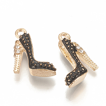 Honeyhandy Alloy Enamel Pendants, Cadmium Free & Lead Free, for DIY Jewelry Making, with Rhinestone, High-heeled Shoes, Light Gold, Black, 17.5x14x6mm, Hole: 2mm