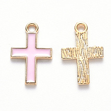 Honeyhandy Alloy Enamel Pendants, Cross, Light Gold, Pearl Pink, 16x10x1mm, Hole: 1.6mm