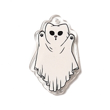 Printed Acrylic Pendants, Cat Charm, White, 41.5x25x2.2mm, Hole: 1.8mm