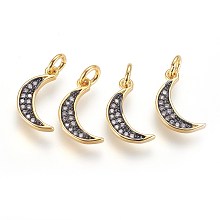 Honeyhandy Brass Micro Pave Cubic Zirconia Charms, with Jump Ring, Moon, Clear, Gunmetal & Golden, 15x8x2mm, Hole: 2.5mm