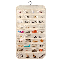 Honeyhandy Non-Woven Fabrics Jewelry Hanging Bag, Wall Shelf Wardrobe Jewelry Roll, with Rotating Hook and Transparent PVC 80 Grids, Rectangle, Moccasin, 84.5x42.5x0.4cm