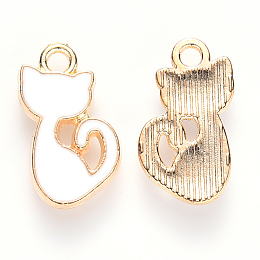 Honeyhandy Alloy Enamel Charms, Cat Shape, Light Gold, White, 15x8x1.5mm, Hole: 1.6mm