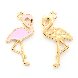 Honeyhandy Alloy Enamel Pendants, Flamingo Shape, Light Gold, Pink, 26x14x2mm, Hole: 1.6mm