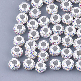 Honeyhandy Polymer Clay Rhinestones European Beads, Large Hole Beads, with Platinum Tone Brass Single Cores, Rondelle, Crystal AB, 11x8mm, Hole: 4.5mm