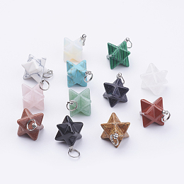 Honeyhandy Natural & Synthetic Mixed Stone Pendants, with 201 Stainless Steel Split Rings, Stainless Steel Color, Merkaba Star, 22~23x16.5~17x19mm, Hole: 6mm