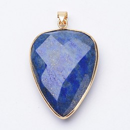 Honeyhandy Faceted Natural Lapis Lazuli Pendants, with Golden Tone Brass Findings, teardrop, 40x27x7~9mm, Hole: 4x5mm