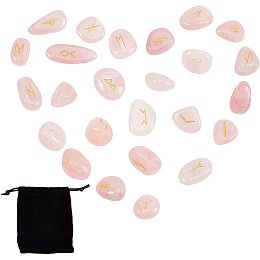 GORGECRAFT 25PCS Rose Rune Stones Set Quartz Engraved Elder Futhark Alphabet Magic Lettering Crystal with Velvet Pouch for Divination Metaphysical Healing Chakra