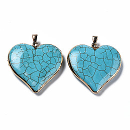 Honeyhandy Synthetic Turquoise Pendants, with Golden Plated Brass Edge and Loop, Rack Plating, Heart, Dark Cyan, 44x44x10.5mm, Hole: 4x7.5mm