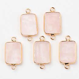 Honeyhandy Natural  Rose Quartz Links, with Light Gold Plated Edge Brass Loops, Rectangle, 28.5x15x3.5mm, Hole: 2mm