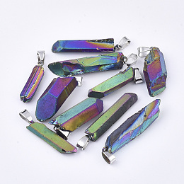 Honeyhandy Electroplate Natural Quartz Crystal Pendants, with Iron Findings, Nuggets, Platinum, Colorful, 25~50x5~16x5~10mm, Hole: 4x7mm