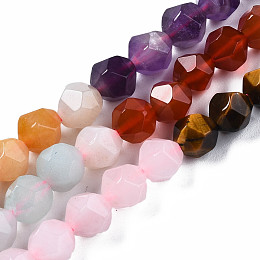 Honeyhandy Chakra Theme Natural Tiger Eye & Rose Quartz & Amethyst & Topaz Jade & Red Agate & Amazonite & Sodalite Beads Strands, Star Cut Round Beads, Faceted, 6~7x5~6mm, Hole: 1mm, about 63~64pcs/strand, 15.55 inch(39.5cm)