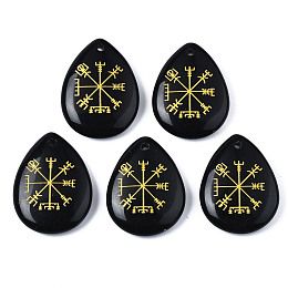 Honeyhandy Natural Black Stone Pendants, Teardrop with Nordic Pagan Pattern, 32~33.5x25~26x6.5~7.5mm, Hole: 2mm, 6pcs/bag