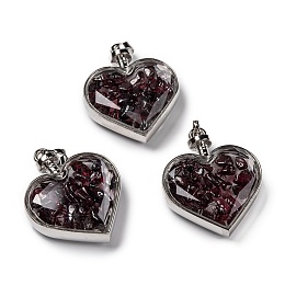 Honeyhandy Glass Bottle Pendants, with Natural Garnet Chips and Platinum Plated Alloy Findings, Heart, 40x32.5x11mm, Hole: 8x5mm