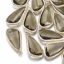 Honeyhandy Glass Pendants, with Brass Findings, Faceted, teardrop, Golden, Olive, 28.5x14x6mm, Hole: 1.5mm