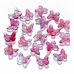 Honeyhandy Two Tone Transparent Spray Painted Glass Charms, with Glitter Powder, Butterfly, Dark Orchid, 9.5x11x3mm, Hole: 0.8mm