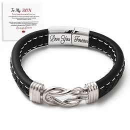 Honeyhandy Word Love You Forever Stainless Steel Interlocking Knot Link Bracelet, Braided Leather Wristband Gifts for Son, Black, 8-7/8 inch(22.5cm)