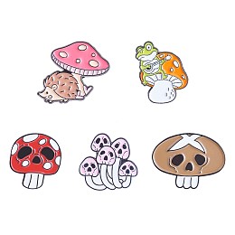 Arricraft 5Pcs 5 Style Skull Mushroom & Hedgehog & Frog Enamel Pins, Electrophoresis Black Alloy Badges for Backpack Clothes, Mixed Color, 21.7~28x22~28.2mm, 1Pc/style