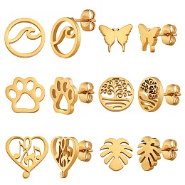 Honeyhandy 6 Pairs 6 Style Butterfly & Leaf & Tree of Life & Cat Claw Print & Music Note & Wave 316 Surgical Stainless Steel Stud Earrings for Women, Golden, 8~12x8~12mm, Pin: 1mm, 1 Pair/style