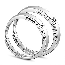 SHEGRACE 925 Sterling Silver Adjustable Couple Rings, Promise Ring, with Word Moon For Night and Sun For Morning, Platinum, Size 9, 19.3mm, Size 8, 18.3mm, 2pcs/set