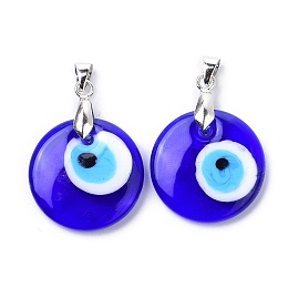 Honeyhandy Handmade Evil Eye Lampwork Pendants, Flat Round, Platinum, 25x5mm, Hole: 4x6mm