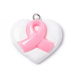 Honeyhandy Acrylic Pendants, with Platinum Tone Iron Loop, Heart with Breast Cancer Awareness Ribbon Charm, White, 23.5x23.4x7mm, Hole: 2mm