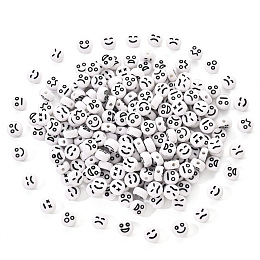 Honeyhandy Opaque Acrylic Beads, Flat Round with Black Random Expression, White, 7x4mm, Hole: 1.6mm, 200pcs/set