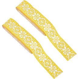 FINGERINSPIRE 2 Roll 15.3 Yards Ethnic Style Jacquard Ribbon Flat with Bronzing Floral Pattern Ribbon Yellow Embroidery Jacquard Trim Vintage Fabric Sewing Ribbon for Clothing Embellishment Decoration