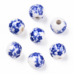 Honeyhandy Handmade Porcelain Beads, Blue and White Porcelain, Round with Flower, Blue, 6mm, Hole: 1.6mm