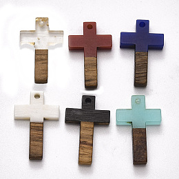 Honeyhandy Resin & Walnut Wood Pendants, Cross, Mixed Color, 26x16x3mm, Hole: 1.8mm