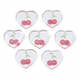 ARRICRAFT Transparent Resin Pendants, with Glitter Powder, Heart with Cherry, Crimson, 18x19.5x2~2.5mm, Hole: 1.4mm