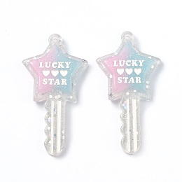 Honeyhandy Two Tone Resin Big Pendants, Glitter Powder, Star Key with Word LUCKY & STAR & Heart Pattern, Pink, 58x31x6mm, Hole: 2.3mm