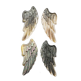 Natural Black Lip Shell Pendants, Sea Shell, 2-hole, Wing Charms, 34x15x1.8~2mm, Hole: 1mm