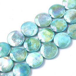 Honeyhandy Freshwater Shell Beads Strands, AB Color Plated, Dyed, Flat Round, Cyan, 10~11.5x3~4mm, Hole: 1mm, 34pcs/strand, 15.15 inch