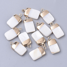 Honeyhandy Electroplate Freshwater Shell Pendants, for DIY Jewelry Making, with Top Golden Plated Brass Loops and Half Drilled, Rectangle, Seashell Color, 18x10x3mm, Hole: 0.8~1.8mm