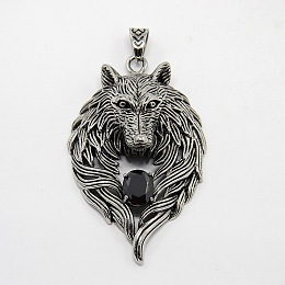 Honeyhandy Retro Men's 304 Stainless Steel Steel Big Wolf Head Pendants, with Rhinestone, Antique Silver, Jet, 74x45x18mm, Hole: 10x7mm