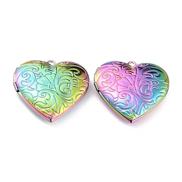 Honeyhandy 304 Stainless Steel Locket Pendants, Photo Frame Pendants for Necklaces, Heart with Flower, Rainbow, Mixed Color, 29x28.5x7mm, Hole: 2.1mm