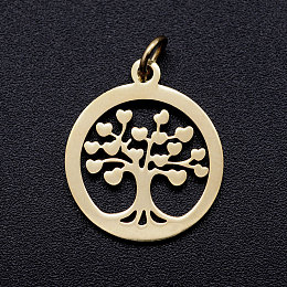 Honeyhandy 304 Stainless Steel Pendants, with Unsoldered Jump Rings, Flat Round with Tree of Life, Golden, 19x16x1mm, Jump Ring: 5x1mm, 3mm inner diameter.