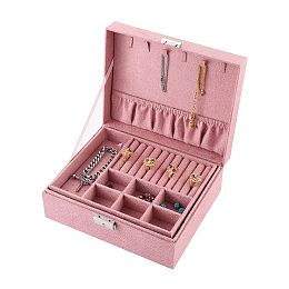 Honeyhandy Velvet & Wood Jewelry Boxes, Portable Jewelry Storage Case, with Alloy Lock, for Ring Earrings Necklace, Rectangle, Pink, 23.1x18.7x9.1cm