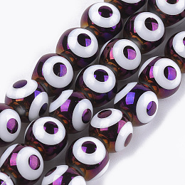 NBEADS Electroplate Glass Beads Strands, Round with Evil Eye Pattern, Purple, 10x9.5~10mm, Hole: 1.2mm; about 30pcs/strand, 11.2"