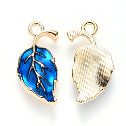 Honeyhandy Alloy Enamel Pendants, Leaf, Light Gold, Blue, 20x10x2mm, Hole: 1.6mm