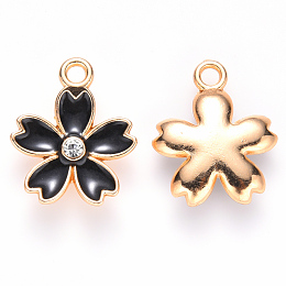 Honeyhandy Alloy Enamel Pendants, with Crystal Rhinestone, Flower, Light Gold, Black, 17x14x3mm, Hole: 1.8mm