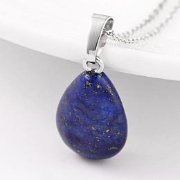 Honeyhandy Teardrop Platinum Tone Brass Lapis Lazuli Pendants, 23x13~14x6~8mm, Hole: 5x8mm