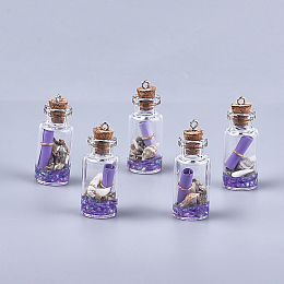 Honeyhandy Glass Wishing Bottle Pendant Decorations, with Resin & Paper & Shell, with Cork Stopper and Iron Findings, Medium Purple, 40~42x16mm, Hole: 2mm