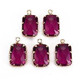 Honeyhandy Transparent Glass Pendants, with Brass Prong Settings, Faceted, Rectangle, Light Gold, Medium Violet Red, 19x11x5.5mm, Hole: 1.6mm