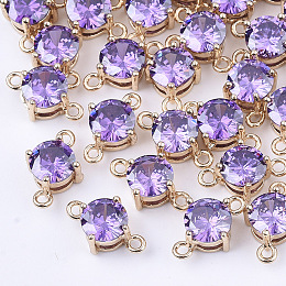 Honeyhandy Transparent Glass Links connectors, with Brass Findings, Faceted, Flat Round, Light Gold, Medium Purple, 12x7.5x5mm, Hole: 1.2mm