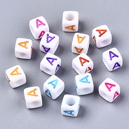 Honeyhandy Acrylic Beads, Horizontal Hole, Cube with Mixed Color Letter, Letter.A, 6x6x6mm, Hole: 3mm