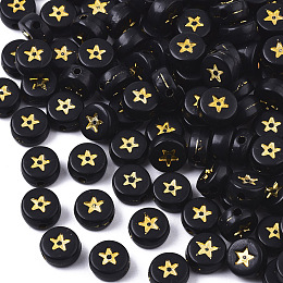 Honeyhandy Opaque Acrylic Beads, Flat Round with Star, Black, Golden Plated, 7x4mm, Hole: 1.5mm