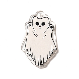 Printed Acrylic Pendants, Cat Charm, White, 41.5x25x2.2mm, Hole: 1.8mm